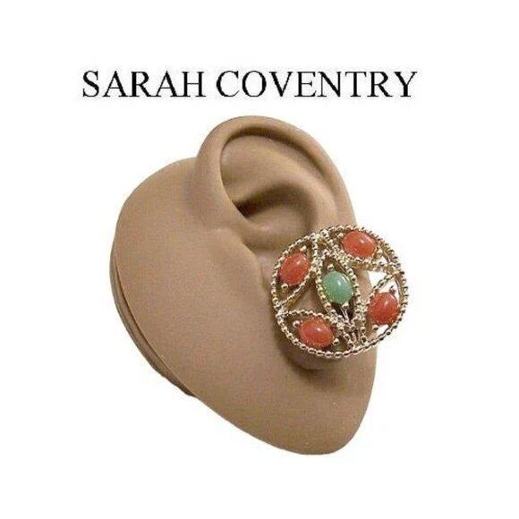 Sarah Coventry Orange Coral Green Lime Discs Clip On Earrings Gold Tone - Picture 6 of 6